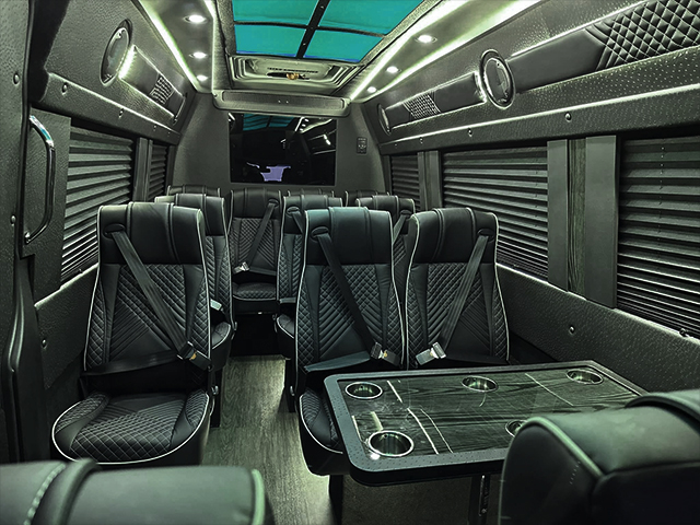 Diamond-stitched leather cabin of the Royal Limousine executive Sprinter