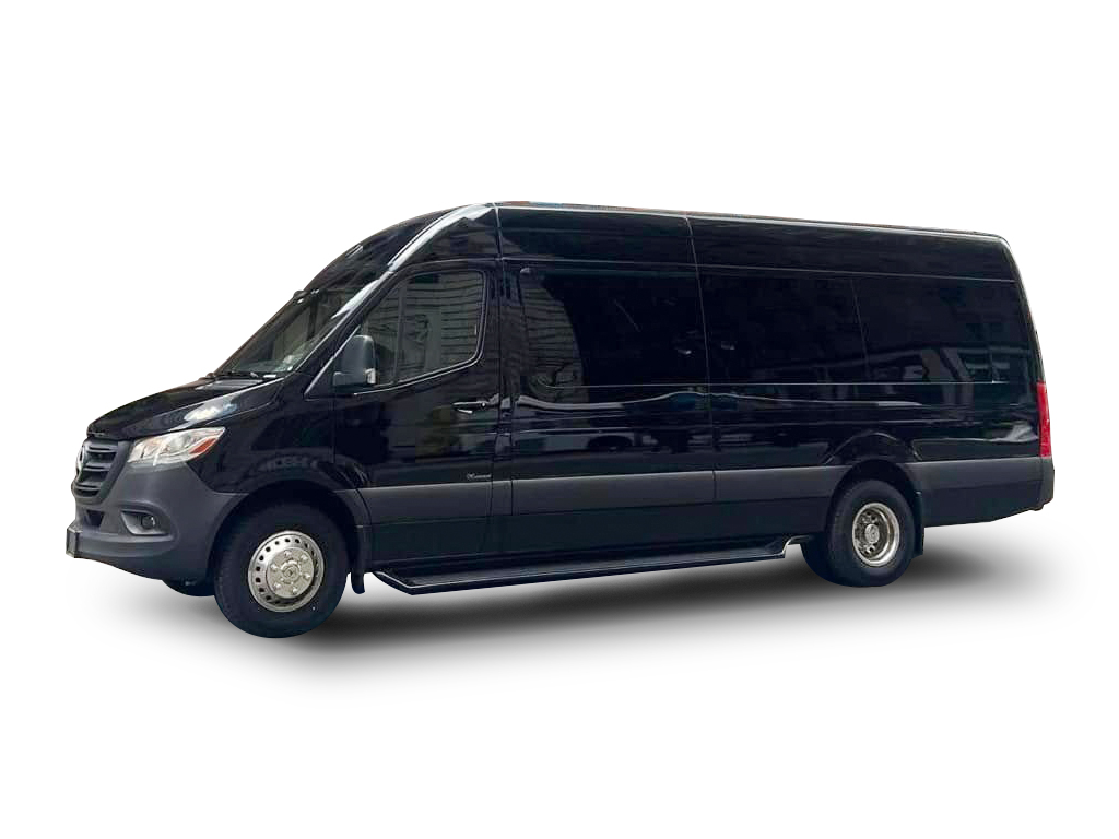 Black Mercedes-Benz Sprinter executive van, full side profile